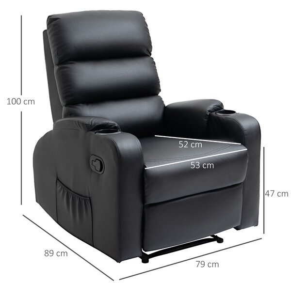 HOMCOM Poltrona Relax Reclinabile Manualmente a 165° con Poggiapiedi, Portabicchieri e Tasca in Finta Pelle, Nero | Aosom Italy