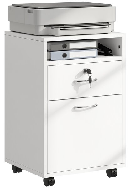 HOMCOM Cassettiera per Ufficio con 2 Chiavi, Cassetto, Armadietto e 4 Ruote Libreria Bassa in Legno Bianco, 40x35x60cm