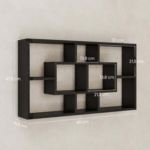 HOMCOM Scaffale da Parete a 8 Ripiani, Mensola da Muro 85x14.5x47.5cm, Max 20 kg, in Legno, Soggiorno, Nero | Aosom Italy