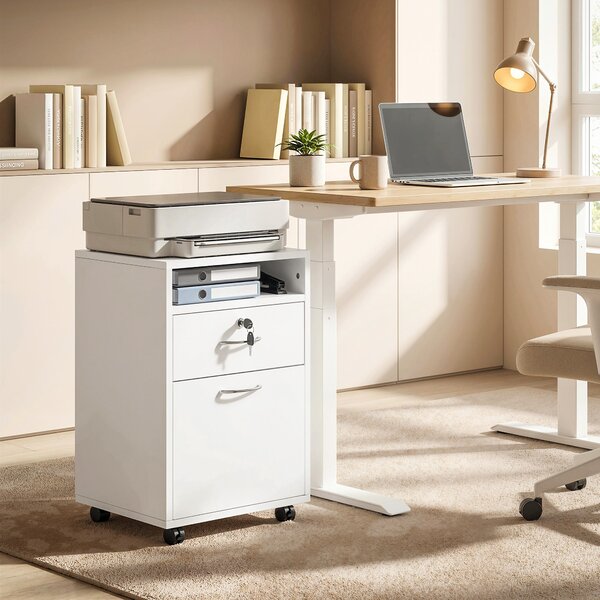 HOMCOM Cassettiera per Ufficio con 2 Chiavi, Cassetto, Armadietto e 4 Ruote Libreria Bassa in Legno Bianco, 40x35x60cm