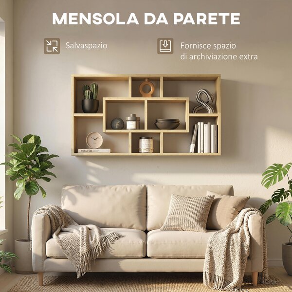 HOMCOM Scaffale da Parete a 8 Ripiani, Mensole da Muro 85x14.5x47.5cm, Max 20 kg, in Legno, Soggiorno, Color Rovere | Aosom Italy