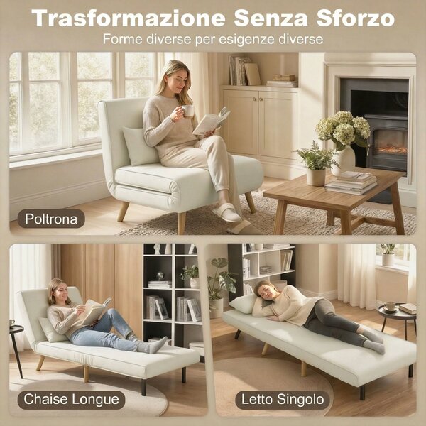 HOMCOM Poltrona Letto Singola 3 in 1 Reclinabile 5 Livelli in Tessuto Effetto Lino con Cuscino, Seduta Imbottita, Crema | Aosom Italy