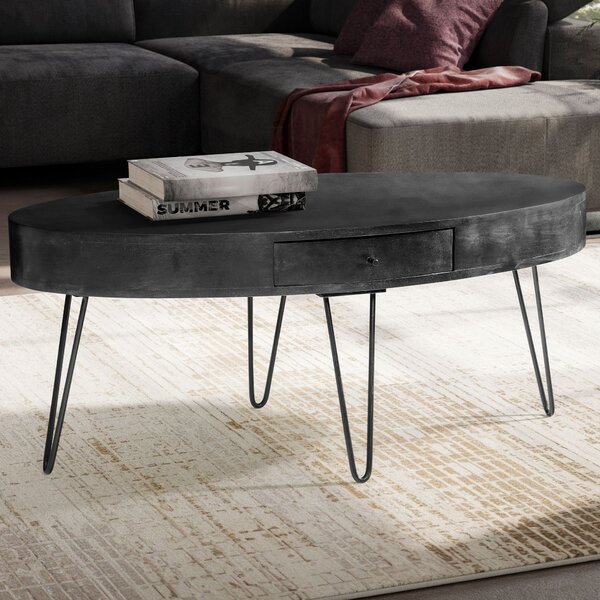 FineBuy Tavolino 100cm ovale in legno massiccio di mango nero - Tavolo da soggiorno con cassetto e gambe a forcina - Tavolo moderno in legno massiccio design industriale