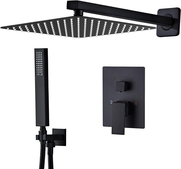 Set doccia da incasso, colore nero opaco - Doccia da incasso - Miscelatore per doccia - Miscelatore termostatico - Soffione a pioggia - 25x25 cm
