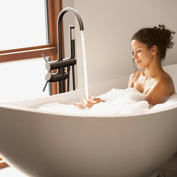 Rubinetto da bagno a colonna - Rubinetto da pavimento - Miscelatore per vasca da bagno - Rubinetto per doccetta manuale - Miscelatore con beccuccio girevole a forma di cigno