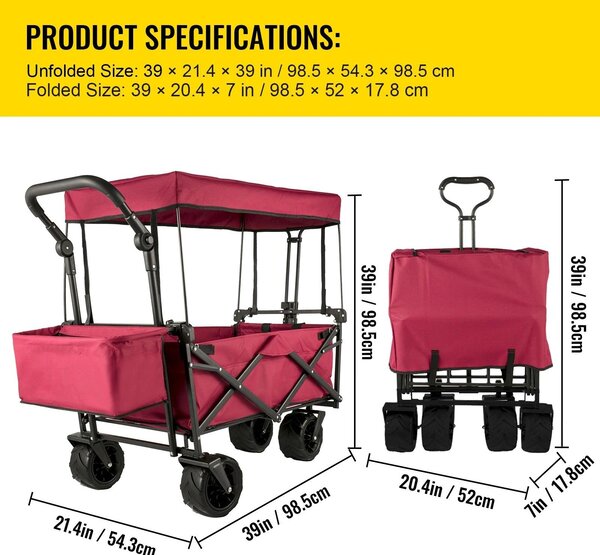 Carrello pieghevole per giardinaggio, con tettoia, ideale per trasportare la spesa, per la spiaggia, per il trasporto di oggetti pesanti e adatto a qualsiasi terreno grazie alle sue ruote all-terrain