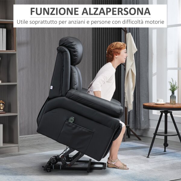 HOMCOM Poltrona Reclinabile Alzapersona Elettrica con Imbottitura Spessa e Telecomando, 96x93x105 cm, Nero | Aosom Italy