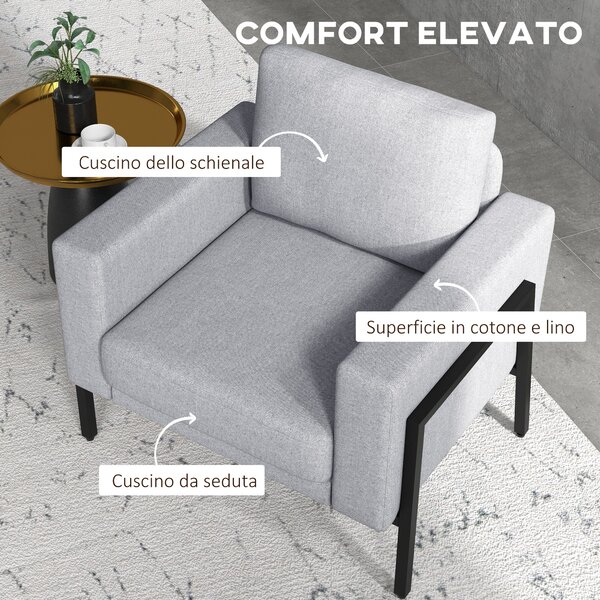 HOMCOM Poltroncina Imbottita per Soggiorno e Camera con Cuscini per Seduta e Schienale, 82x70x83.5 cm, Grigio | Aosom Italy