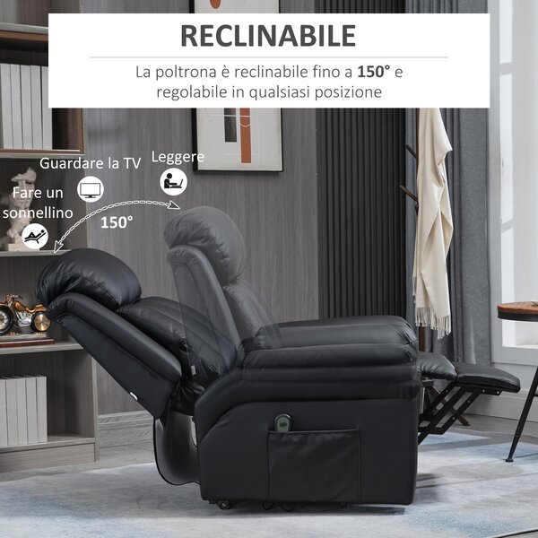HOMCOM Poltrona Reclinabile Alzapersona Elettrica con Imbottitura Spessa e Telecomando, 96x93x105 cm, Nero | Aosom Italy