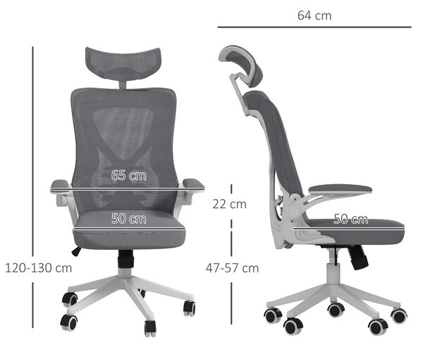 Vinsetto Sedia da Ufficio ad Altezza Regolabile con Supporto Lombare e Braccioli Ribaltabili, 65x64x120-130 cm | Aosom Italy