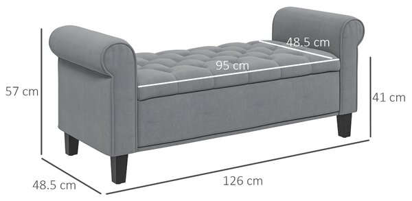 HOMCOM Panca Fondo Letto in Tessuto Vellutato con Spazio Portaoggetti e Braccioli, 126x48.5x57 cm, Grigio|Aosom