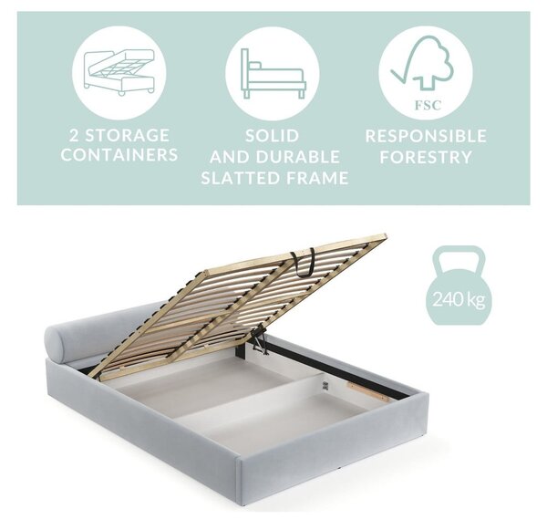 Letto matrimoniale imbottito marrone chiaro con contenitore e rete inclusi 160x200 cm Solvo – Maison de Rêve