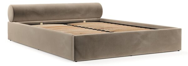 Letto matrimoniale imbottito marrone chiaro con contenitore e rete inclusi 160x200 cm Solvo – Maison de Rêve
