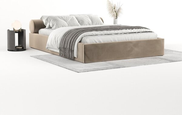 Letto matrimoniale imbottito marrone chiaro con contenitore e rete inclusi 160x200 cm Solvo – Maison de Rêve