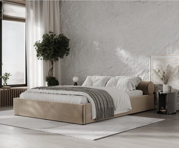 Letto matrimoniale imbottito marrone chiaro con contenitore e rete inclusi 160x200 cm Solvo – Maison de Rêve