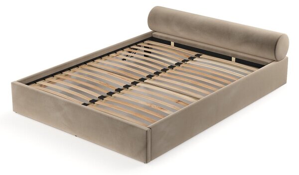 Letto matrimoniale imbottito marrone chiaro con contenitore e rete inclusi 160x200 cm Solvo – Maison de Rêve