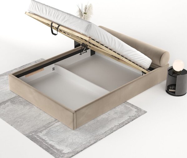 Letto matrimoniale imbottito marrone chiaro con contenitore e rete inclusi 160x200 cm Solvo – Maison de Rêve