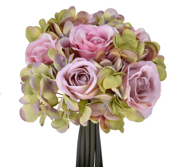 2 Bouquet Artificiali Composto da 11 Fiori di Rose e Ortensie