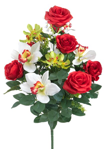 Bouquet Artificiale Composto da 14 Fiori Artificiali di Rose e Orchidee Altezza 56 cm Rosso