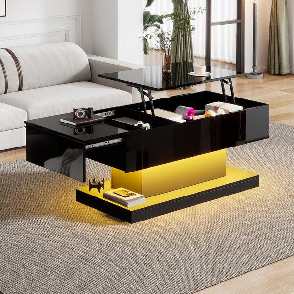 Tavolino da divano, dimensioni 100x50x45 cm, realizzato in pannello di particelle al 100%, colore nero, con illuminazione a LED, piano del tavolo sollevabile idraulicamente e scorrevole lateralmente