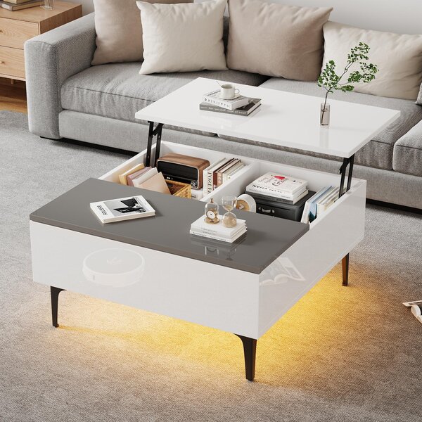 Tavolino da caffè 70x70x35 cm, tavolino con altezza regolabile e spazio contenitivo, realizzato in MDF bianco e grigio, con piano lucido, cassetto e illuminazione LED RGB controllabile tramite app
