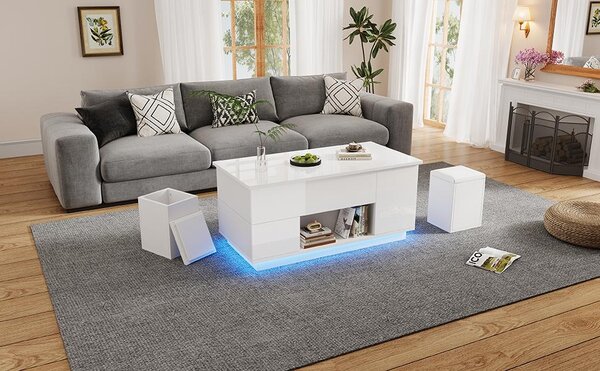 Tavolino da divano 100 x 50 x 45 cm, tavolino da divano regolabile in altezza realizzato in pannello di particelle bianco, con illuminazione a LED, 2 cassetti e 2 poggiapiedi