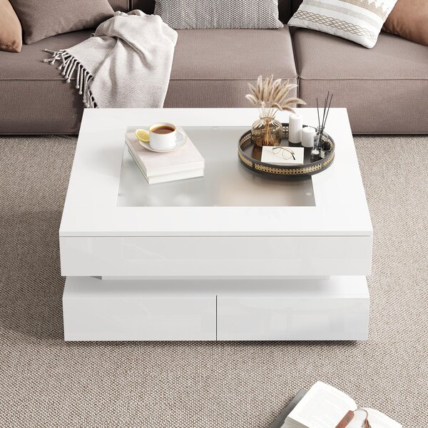 Tavolino da salotto, dimensioni 70 x 70 x 35 cm, realizzato in pannello di particelle al 100%, con piano in vetro, colore bianco, piano in vetro quadrato, dotato di illuminazione a LED e 3 cassetti