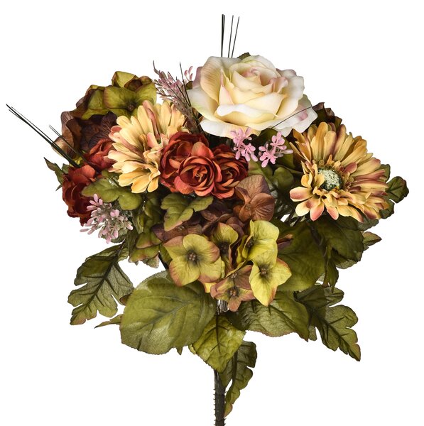 Bouquet Artificiale di Ortensie con Rose Altezza 34 cm Verde