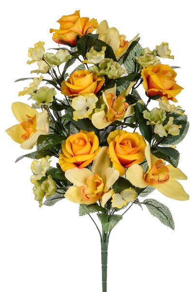 Bouquet Artificiale Frontale di Rose e Cymbidium Altezza 53 cm Arancio