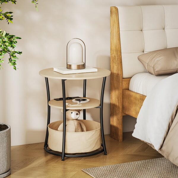 HOMCOM Tavolino da salotto rotondo con 3 ripiani, ricarica integrata e sacca, Ø50 x 55,1 cm, Legno naturale | Aosom Italy