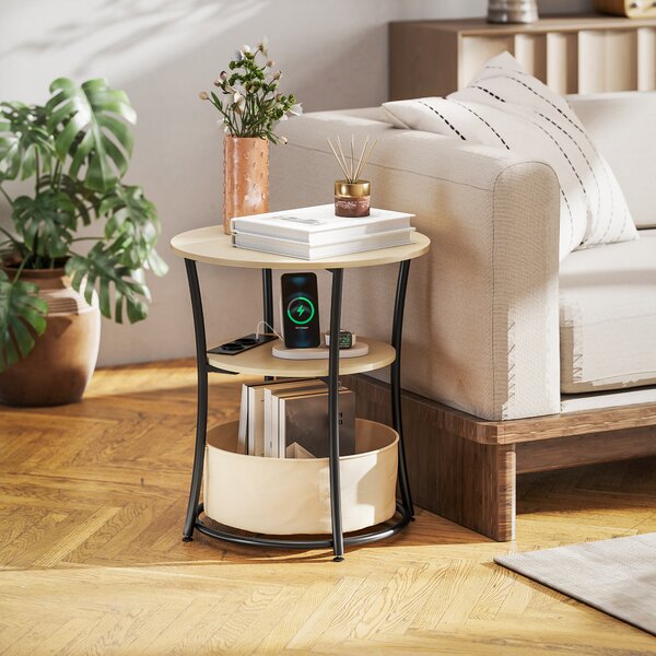 HOMCOM Tavolino da salotto rotondo con 3 ripiani, ricarica integrata e sacca, Ø50 x 55,1 cm, Legno naturale | Aosom Italy