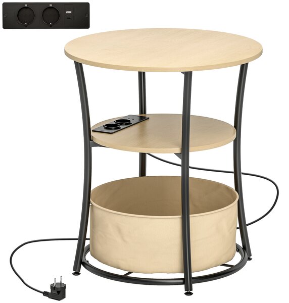 HOMCOM Tavolino da salotto rotondo con 3 ripiani, ricarica integrata e sacca, Ø50 x 55,1 cm, Legno naturale | Aosom Italy