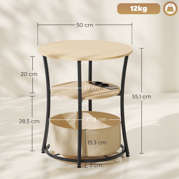 HOMCOM Tavolino da salotto rotondo con 3 ripiani, ricarica integrata e sacca, Ø50 x 55,1 cm, Legno naturale | Aosom Italy