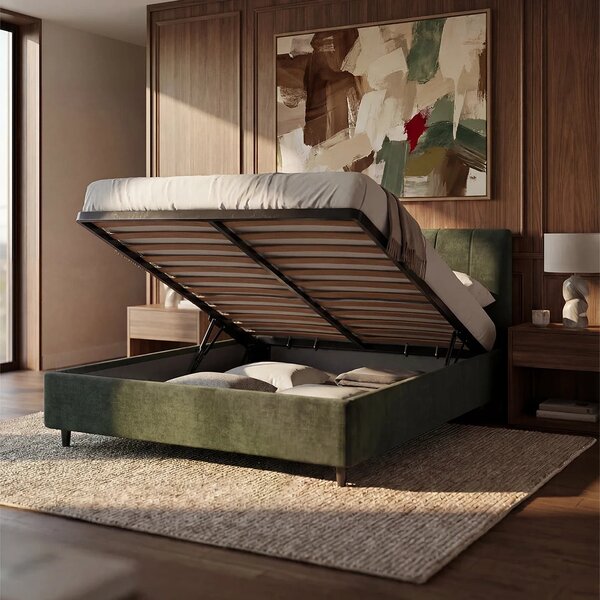 ONYX letto imbottito con vano contenitore e testiera verticale in tess