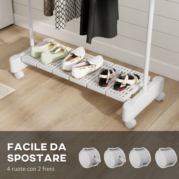 HOMCOM Stendibiancheria Estensibile con Ruote e Freno, Ripiano Porta Scarpe e Struttura in Acciaio Inox, Bianco | Aosom Italy