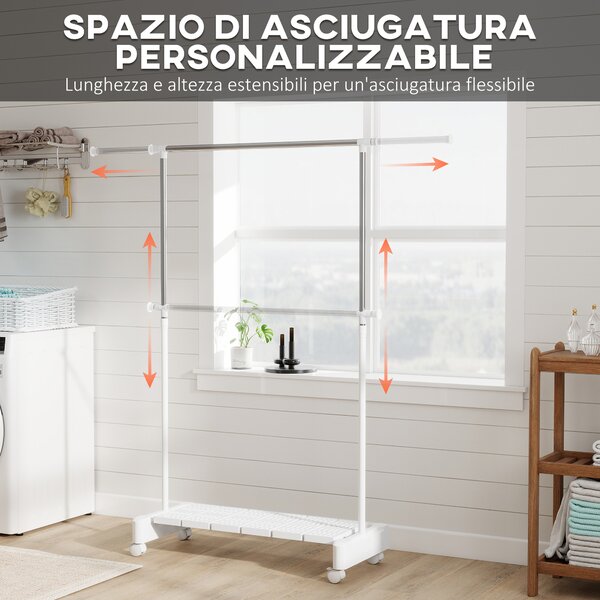 HOMCOM Stendibiancheria Estensibile con Ruote e Freno, Ripiano Porta Scarpe e Struttura in Acciaio Inox, Bianco | Aosom Italy