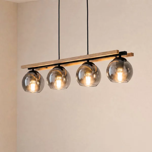 Lampada a sospensione in vetro Enrique Lindby, dimmerabile, Legno chiaro, Soggiorno / Sala da pranzo, Vetro, Moderno, Lampada a sospensione