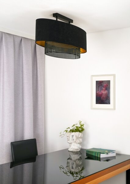 Duolla - Lampadario a plafone DOUBLE OVAL RATTAN 2xE27/15W/230V nero/rattan