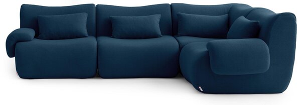 DIVANO ANGOLARE MODULARE MILYSOFA SOFATIME, 4 posti, con chaise longue, rivestito in tessuto bouclé di alta qualità, colore blu intenso