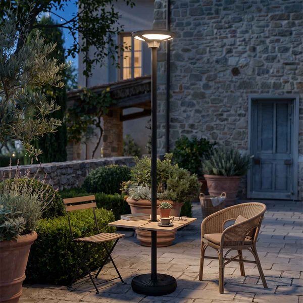 Palo Nero per Lampade Solari 27m con Tavolino Quadrato e Base Zavorrabile