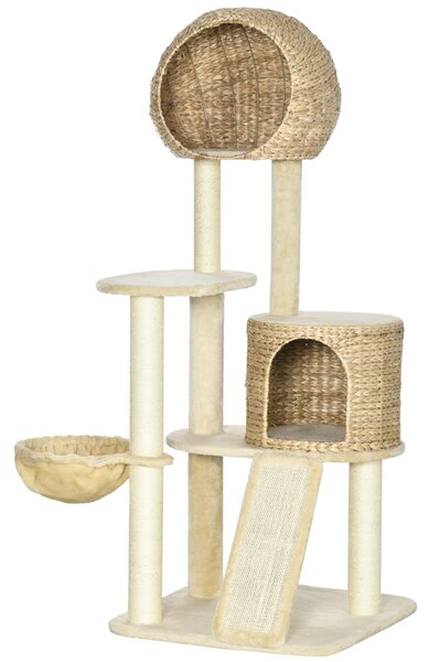 PawHut Albero per gatti, con casa per gatti, diverse piattaforme, amaca, tappetino per graffiare, dispositivo di sicurezza antiribaltamento, beige, 60 x 60 x 150cm