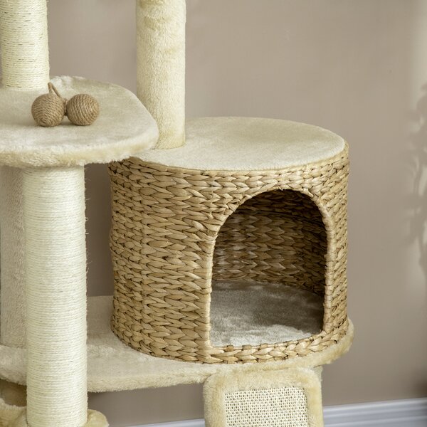 PawHut Albero per gatti, con casa per gatti, diverse piattaforme, amaca, tappetino per graffiare, dispositivo di sicurezza antiribaltamento, beige, 60 x 60 x 150cm