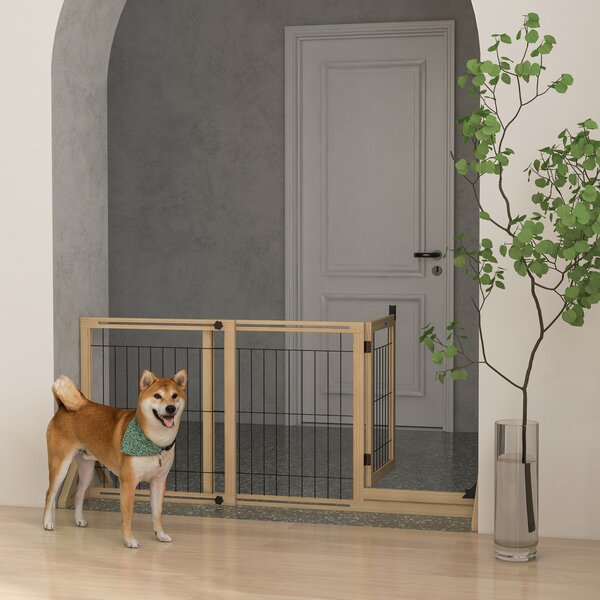 PawHut Cancelletto per Cani Estensibile con Porta e 2 Pannelli, Piedini Triangolari, 112-159x70 cm, Legno Naturale | Aosom Italy