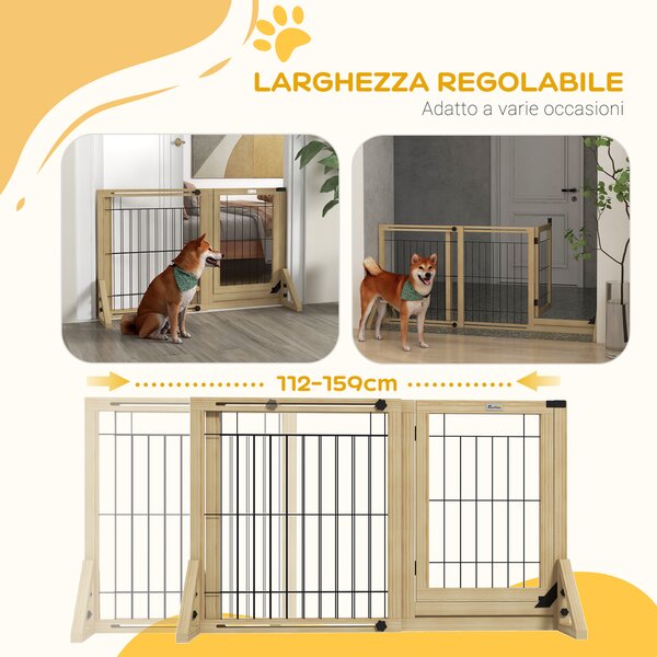 PawHut Cancelletto per Cani Estensibile con Porta e 2 Pannelli, Piedini Triangolari, 112-159x70 cm, Legno Naturale | Aosom Italy
