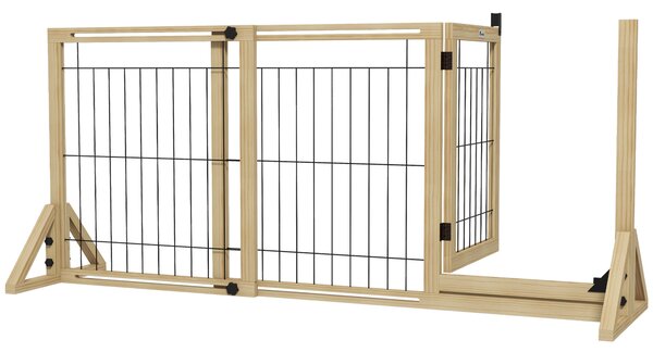 PawHut Cancelletto per Cani Estensibile con Porta e 2 Pannelli, Piedini Triangolari, 112-159x70 cm, Legno Naturale | Aosom Italy