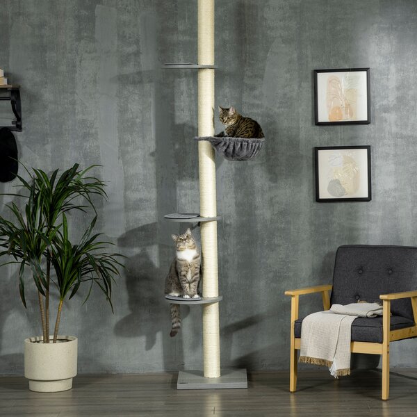 PawHut Albero per Gatti con Amaca, incluso Fermaglio a Soffitto, Albero Alto fino al Soffitto, 40 cm x 40 m x 250 cm, Grigio + Bianco crema