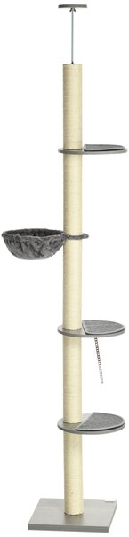 PawHut Albero per Gatti con Amaca, incluso Fermaglio a Soffitto, Albero Alto fino al Soffitto, 40 cm x 40 m x 250 cm, Grigio + Bianco crema