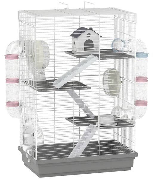 PawHut Gabbia per Criceti a 4 Livelli e 16 Tubi con Casetta, Rampa, e Accessori, in Metallo e Plastica, 47x30x70 cm, Grigio | Aosom Italy