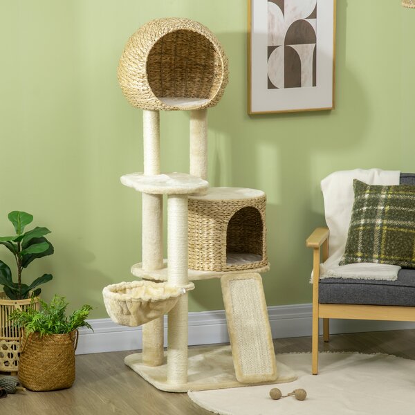 PawHut Albero per gatti, con casa per gatti, diverse piattaforme, amaca, tappetino per graffiare, dispositivo di sicurezza antiribaltamento, beige, 60 x 60 x 150cm