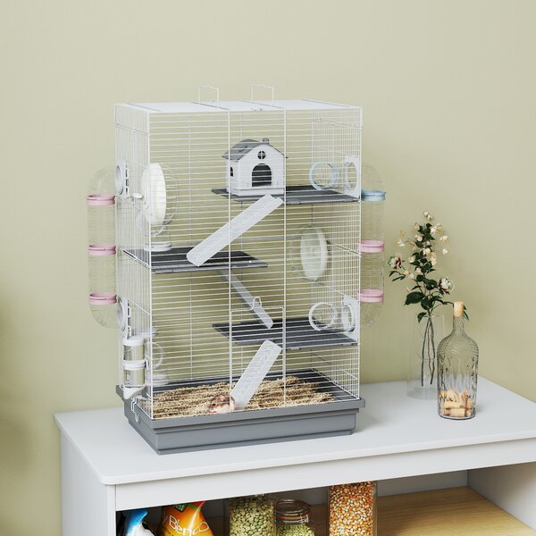 PawHut Gabbia per Criceti a 4 Livelli e 16 Tubi con Casetta, Rampa, e Accessori, in Metallo e Plastica, 47x30x70 cm, Grigio | Aosom Italy